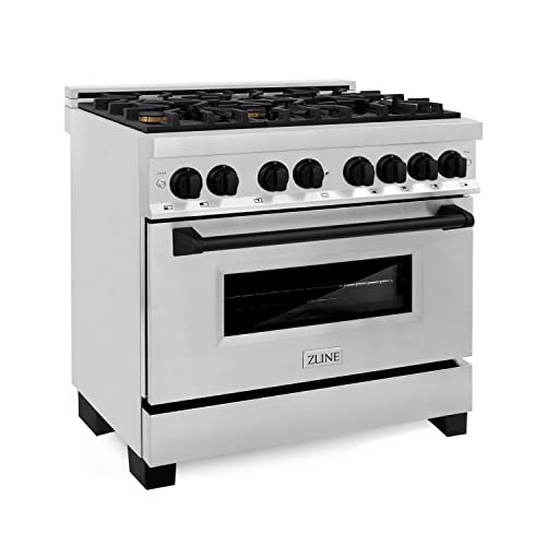 Z Line Kitchen and Bath RAZ-36-MB|LA Autograph Edition 36" 4.6 cu. ft. Dual Fuel Range with Gas Stove and Electric Oven in Stainless Steel with Matte Black Accents RAZ-36-MB