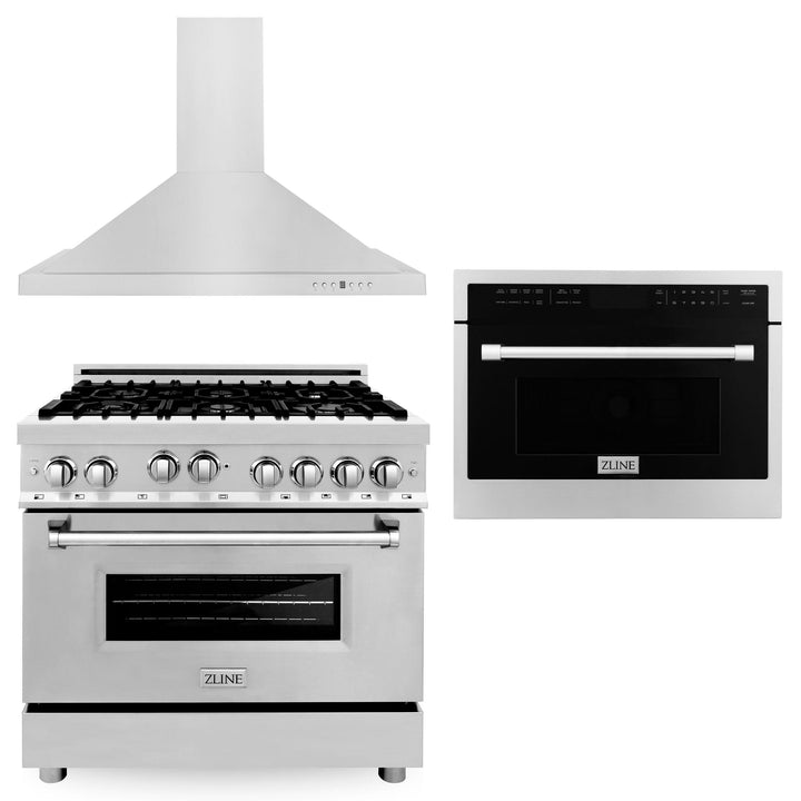 ZLINE KITCHEN AND BATH 3KPRGRHMWO36 ZLINE 36" Kitchen Package with Stainless Steel Gas Range, Convertible Vent Range Hood and 24" Microwave Oven