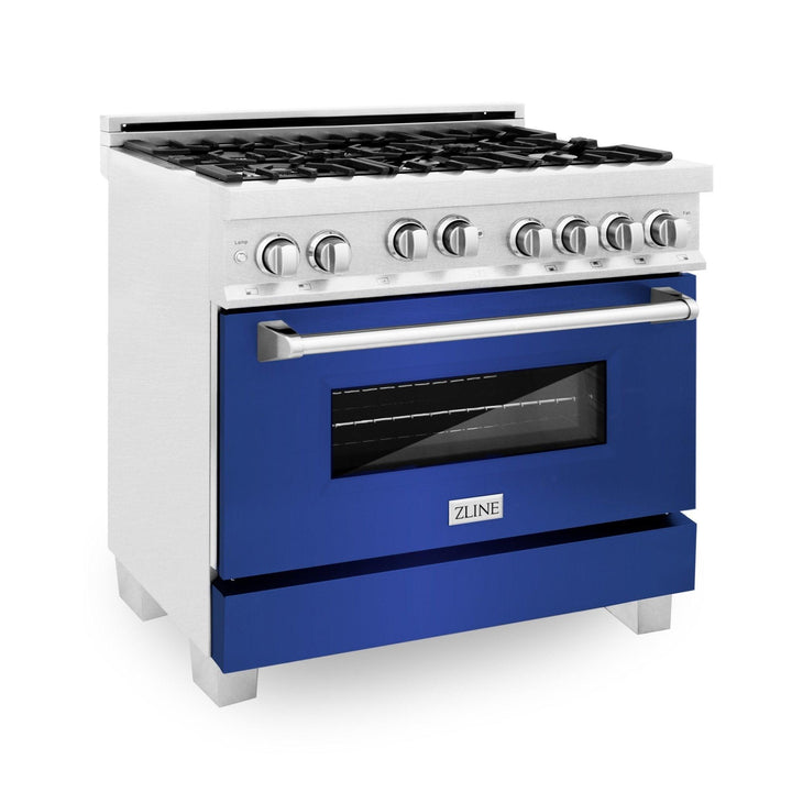 ZLINE KITCHEN AND BATH RGSBM36 ZLINE 36" Professional 4.6 cu. ft. Gas on Gas Range in ZLINE DuraSnow R Stainless Steel with Color Door Options Color: Blue Matte