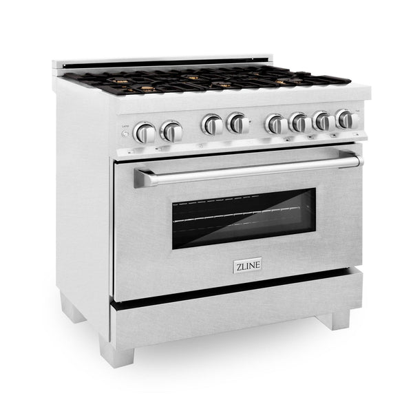 ZLINE KITCHEN AND BATH RGSSNBR36 ZLINE 36" Professional 4.6 cu. ft. Gas on Gas Range in ZLINE DuraSnow R Stainless Steel with Color Door Options Color: ZLINE DuraSnow Stainless Steel with Brass Burners