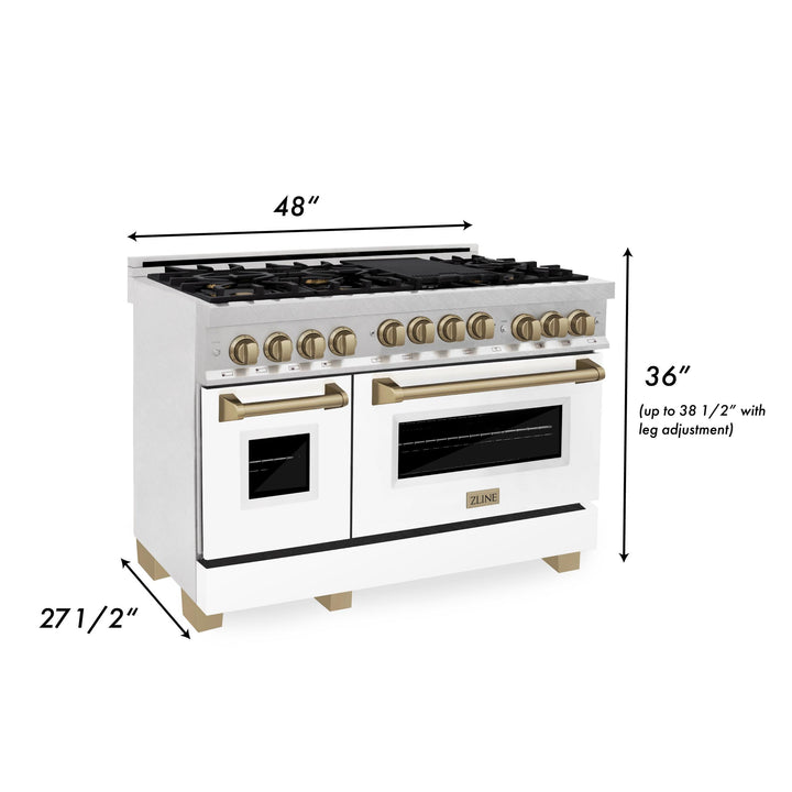 ZLINE KITCHEN AND BATH RGSZWM48CB ZLINE Autograph Edition 48" 6.0 cu. ft. Range with Gas Stove and Gas Oven in DuraSnow R Stainless Steel with White Matte Door Color: Champagne Bronze