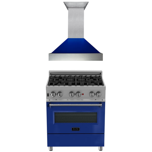 ZLINE KITCHEN AND BATH 2KPRASBGRH30 ZLINE 30" Kitchen Package with DuraSnow R Stainless Steel Dual Fuel Range with Blue Gloss Door and Convertible Vent Range Hood