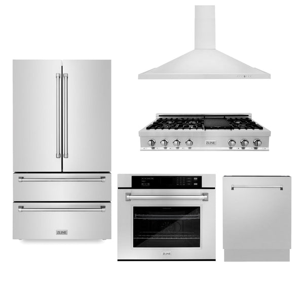 ZLINE KITCHEN AND BATH 5KPRRTRH48AWSDWV ZLINE Kitchen Package with Refrigeration, 48" Stainless Steel Rangetop, 48" Range Hood, 30" Single Wall Oven and 24" Tall Tub Dishwasher