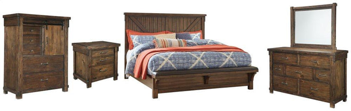 ASHLEY FURNITURE PKG006344 California King Panel Bed With Upholstered Bench With Mirrored Dresser, Chest and Nightstand