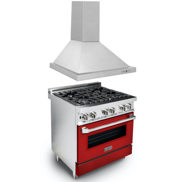 ZLINE KITCHEN AND BATH 2KPRARMRH30 ZLINE 30" Kitchen Package with DuraSnow R Stainless Steel Dual Fuel Range with Red Matte Door and Convertible Vent Range Hood