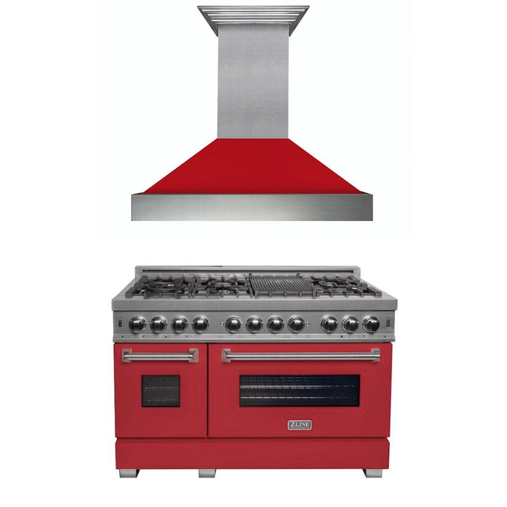 ZLINE KITCHEN AND BATH 2KPRASRMRH48 ZLINE 48" Kitchen Package with DuraSnow R Stainless Steel Dual Fuel Range with Red Matte Door and Convertible Vent Range Hood