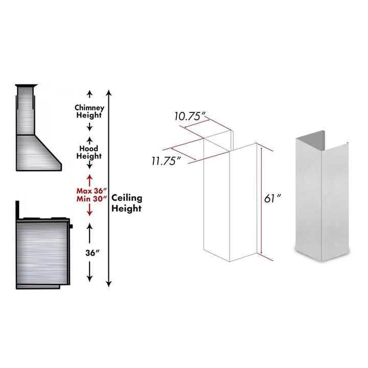 ZLINE KITCHEN AND BATH 8KESE ZLINE 61" ZLINE DuraSnow Stainless Steel R Chimney Extension for Ceilings up to 12.5 ft.