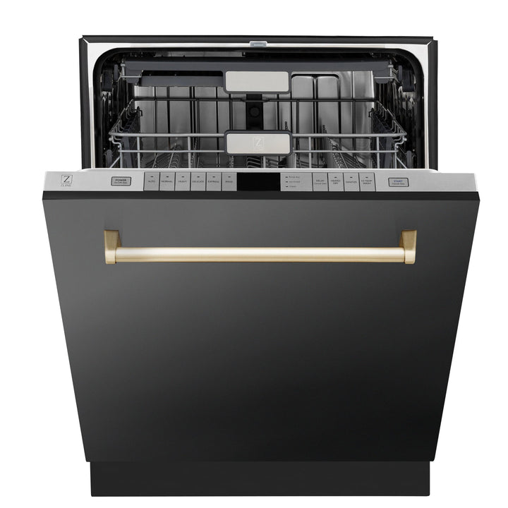 ZLINE KITCHEN AND BATH DWMTZBS24G ZLINE Autograph Edition 24" 3rd Rack Top Touch Control Tall Tub Dishwasher in Black Stainless Steel with Accent Handle, 45dBa Color: Gold