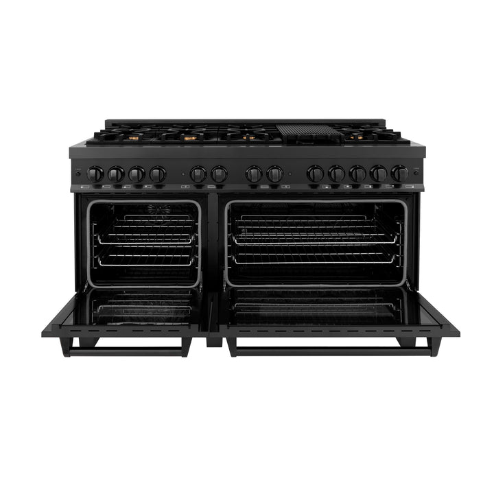 ZLINE KITCHEN AND BATH RAB60 ZLINE 60" 7.4 cu. ft. Dual Fuel Range with Gas Stove and Electric Oven in Black Stainless Steel with Brass Burners