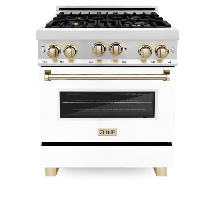 ZLINE KITCHEN AND BATH RGZWM30CB ZLINE Autograph Edition 30" 4.0 cu. ft. Range with Gas Stove and Gas Oven in Stainless Steel with White Matte Door and Accents Color: Champagne Bronze