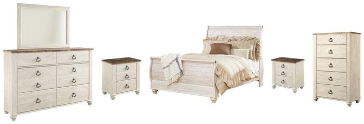 ASHLEY FURNITURE PKG004472 Queen Sleigh Bed With Mirrored Dresser, Chest and 2 Nightstands