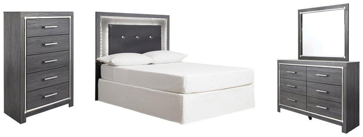 ASHLEY FURNITURE PKG003527 Full Upholstered Panel Headboard With Mirrored Dresser and Chest