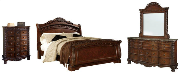 ASHLEY FURNITURE PKG005777 King Sleigh Bed With Mirrored Dresser and Chest