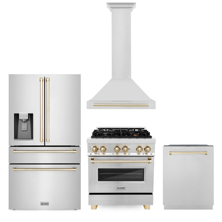 ZLINE KITCHEN AND BATH 4AKPRRARHDWM30G ZLINE 30" Autograph Edition Kitchen Package with Stainless Steel Dual Fuel Range, Range Hood, Dishwasher and Refrigeration with Gold Accents