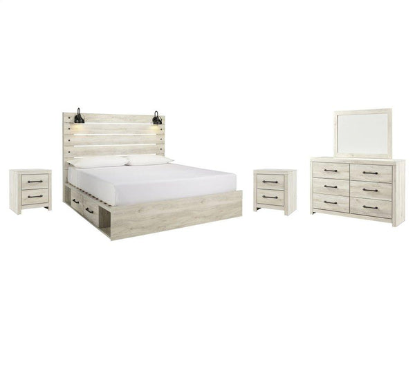 ASHLEY FURNITURE PKG003003 King Panel Bed With 2 Storage Drawers With Mirrored Dresser and 2 Nightstands