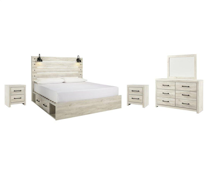 ASHLEY FURNITURE PKG003003 King Panel Bed With 2 Storage Drawers With Mirrored Dresser and 2 Nightstands