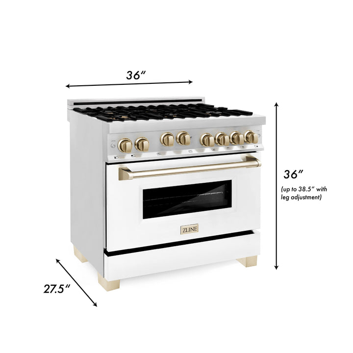ZLINE KITCHEN AND BATH RGZWM36G ZLINE Autograph Edition 36" 4.6 cu. ft. Range with Gas Stove and Gas Oven in Stainless Steel with White Matte Door and Accents Color: Gold