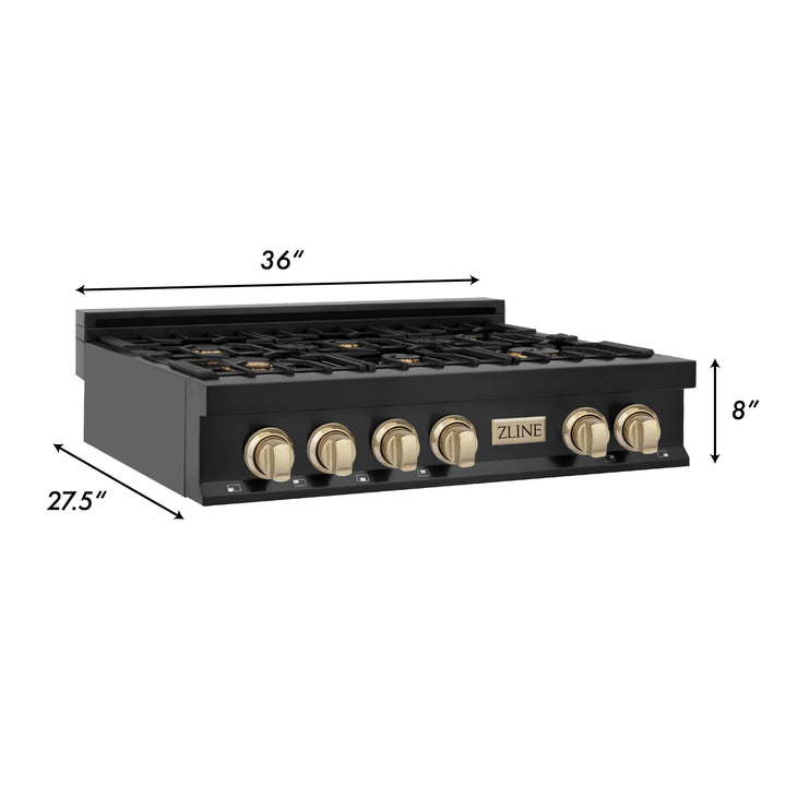 ZLINE KITCHEN AND BATH RTBZ36G ZLINE Autograph Edition 36" Porcelain Rangetop with 6 Gas Burners in Black Stainless Steel with Accents Accent: Gold