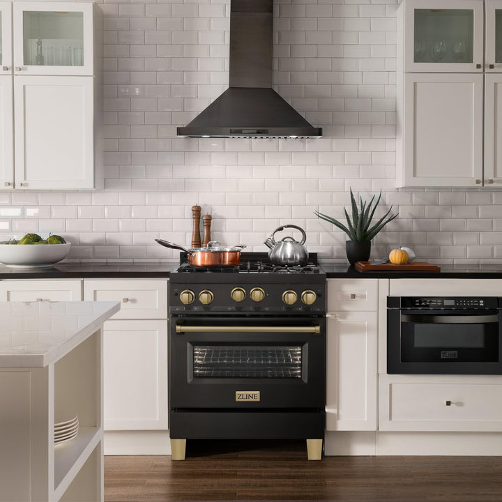 ZLINE KITCHEN AND BATH RGBZ30CB ZLINE Autograph Edition 30" 4.0 cu. ft. Range with Gas Stove and Gas Oven in Black Stainless steel with Accents Color: Champagne Bronze
