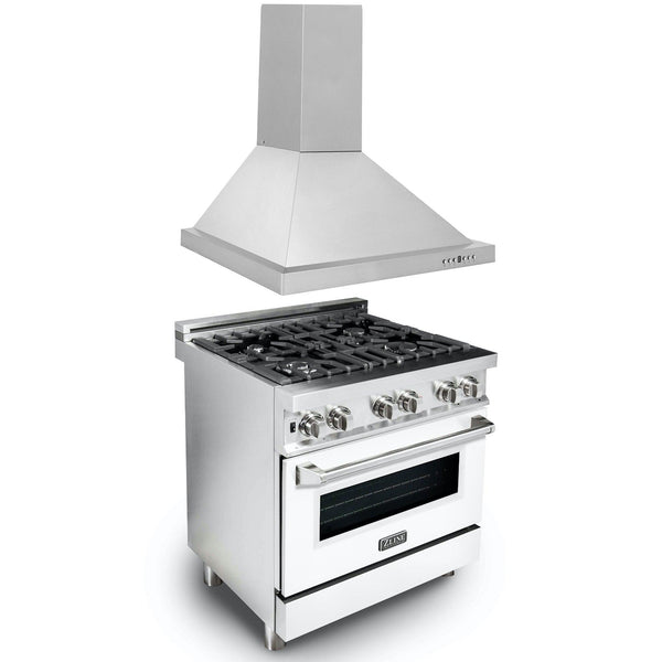 ZLINE KITCHEN AND BATH 2KPRAWMRH30 ZLINE 30" Kitchen Package with Stainless Steel Dual Fuel Range with White Matte Door and Convertible Vent Range Hood