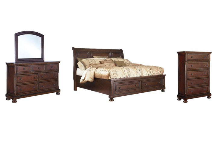 ASHLEY FURNITURE PKG006277 King Sleigh Bed With Mirrored Dresser and Chest