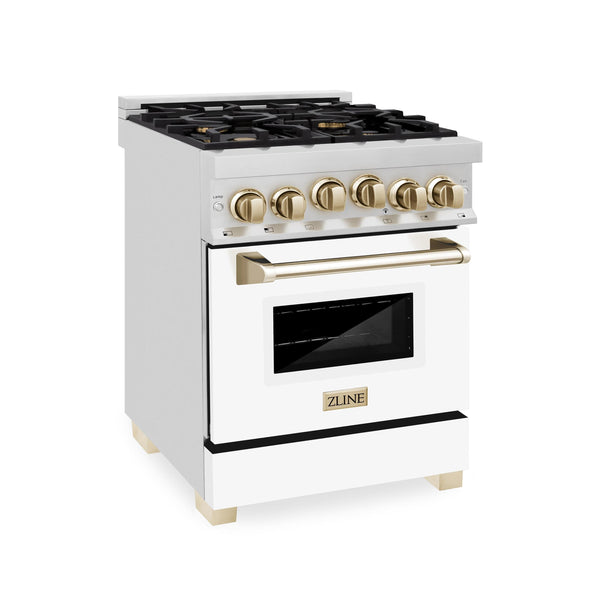 ZLINE KITCHEN AND BATH RGZWM24G ZLINE Autograph Edition 24" 2.8 cu. ft. Range with Gas Stove and Gas Oven in Stainless Steel with White Matte Door and Matte Black Accents Color: Gold