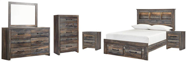 ASHLEY FURNITURE PKG003239 Full Bookcase Bed With 2 Storage Drawers With Mirrored Dresser, Chest and 2 Nightstands