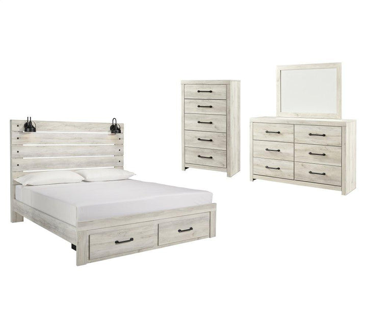 ASHLEY FURNITURE PKG003046 King Panel Bed With 2 Storage Drawers With Mirrored Dresser and Chest
