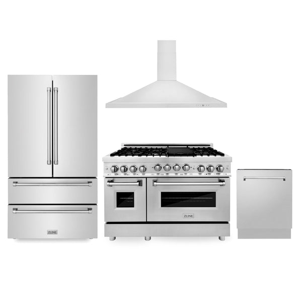 ZLINE KITCHEN AND BATH 4KPRRGRH48DWV ZLINE Kitchen Package with Refrigeration, 48" Stainless Steel Gas Range, 48" Convertible Vent Range Hood and 24" Tall Tub Dishwasher