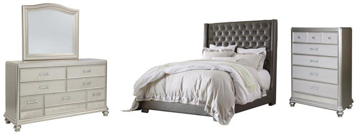 ASHLEY FURNITURE PKG007785 King Upholstered Bed With Mirrored Dresser and Chest