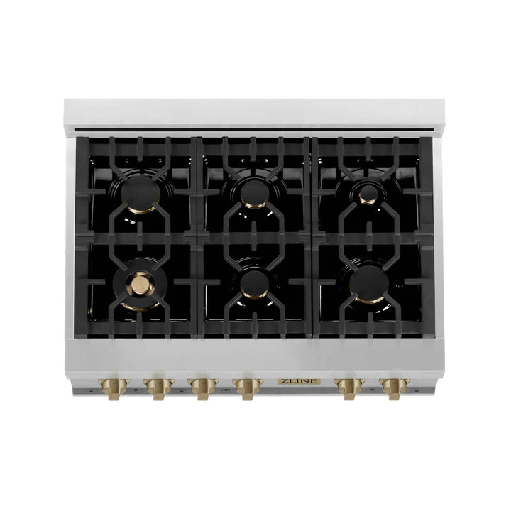 ZLINE KITCHEN AND BATH RTZ36G ZLINE Autograph Edition 36" Porcelain Rangetop with 6 Gas Burners in Stainless Steel with Accents Color: Gold