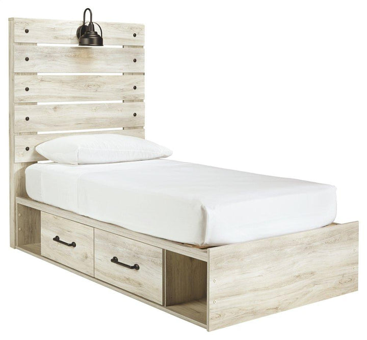 ASHLEY FURNITURE PKG002982 Twin Panel Bed With 2 Storage Drawers With Mirrored Dresser, Chest and Nightstand