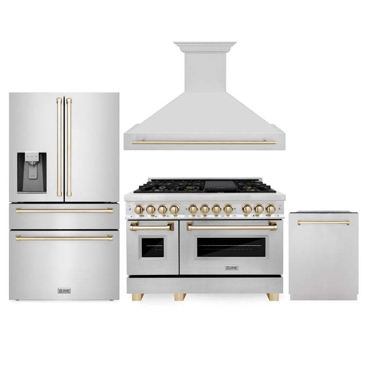 ZLINE KITCHEN AND BATH 4AKPRRARHDWM48G ZLINE 48" Autograph Edition Kitchen Package with Stainless Steel Dual Fuel Range, Range Hood, Dishwasher and Refrigeration with Gold Accents