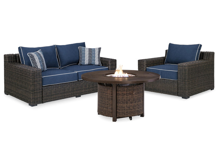 ASHLEY FURNITURE PKG014437 Outdoor Loveseat and 2 Lounge Chairs With Fire Pit Table