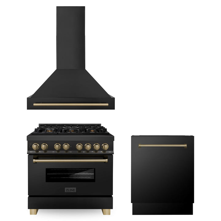 ZLINE KITCHEN AND BATH 3AKPRABRHDWV36CB ZLINE 36" Autograph Edition Kitchen Package with Black Stainless Steel Dual Fuel Range, Range Hood and Dishwasher with Champagne Bronze Accents