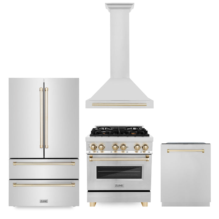 ZLINE KITCHEN AND BATH 4KAPRRARHDWM30G ZLINE 30" Autograph Edition Kitchen Package with Stainless Steel Dual Fuel Range, Range Hood, Dishwasher and Refrigeration with Gold Accents