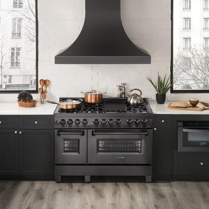 ZLINE KITCHEN AND BATH RABBR48 ZLINE 48" 6.0 cu. ft. Dual Fuel Range with Gas Stove and Electric Oven in Black Stainless Steel with Brass Burners Color: Black Stainless Steel with Brass Burners