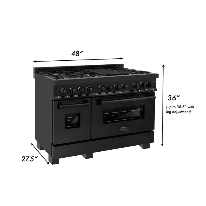 ZLINE KITCHEN AND BATH RAB48 ZLINE 48" 6.0 cu. ft. Dual Fuel Range with Gas Stove and Electric Oven in Black Stainless Steel with Brass Burners