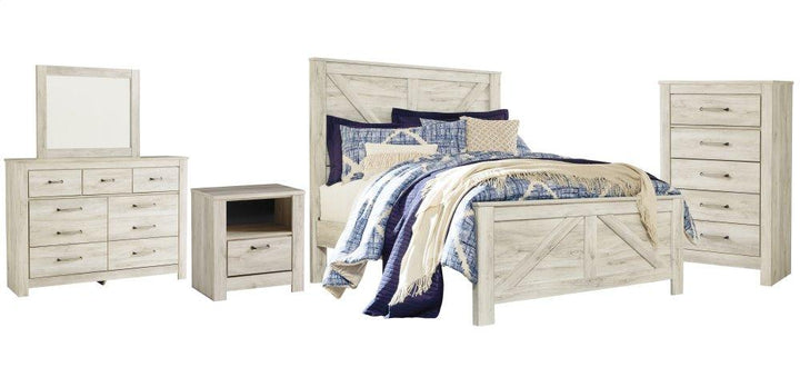 ASHLEY FURNITURE PKG004728 Queen Crossbuck Panel Bed With Mirrored Dresser, Chest and Nightstand