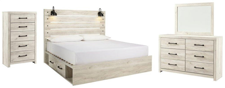 ASHLEY FURNITURE PKG007506 King Panel Bed With 2 Storage Drawers With Mirrored Dresser and Chest