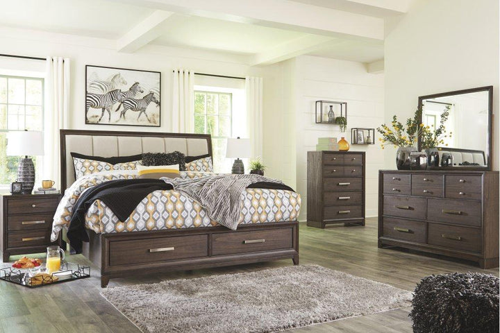 ASHLEY FURNITURE PKG005242 King Panel Bed With 2 Storage Drawers With Mirrored Dresser and 2 Nightstands