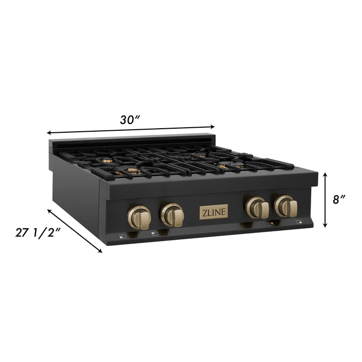 ZLINE KITCHEN AND BATH RTBZ30G ZLINE Autograph Edition 30" Porcelain Rangetop with 4 Gas Burners in Black Stainless Steel and Accents Accent: Gold