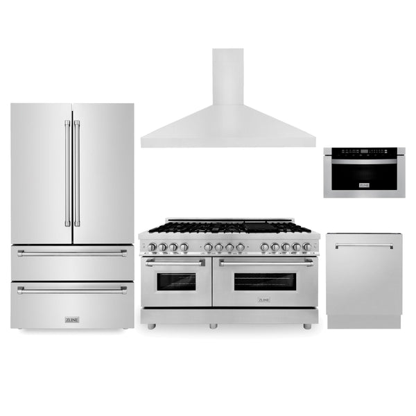 ZLINE KITCHEN AND BATH 5KPRRARH60MWDWV ZLINE Kitchen Package with Refrigeration, 60" Stainless Steel Dual Fuel Range, 60" Convertible Vent Range Hood, 24" Microwave Drawer, and 24" Tall Tub Dishwasher