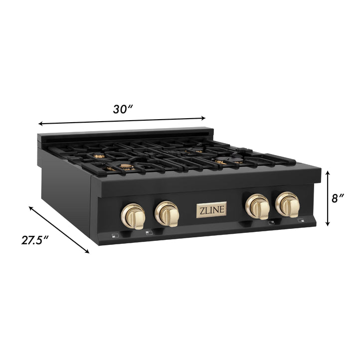 ZLINE KITCHEN AND BATH RTBZ30G ZLINE Autograph Edition 30" Porcelain Rangetop with 4 Gas Burners in Black Stainless Steel and Accents Accent: Gold