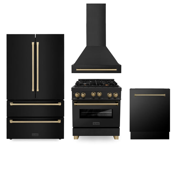 ZLINE KITCHEN AND BATH 4AKPRRGBRHDWV30CB ZLINE 30" Autograph Edition Kitchen Package with Black Stainless Steel Gas Range, Range Hood, Dishwasher and Refrigeration with Champagne Bronze Accents