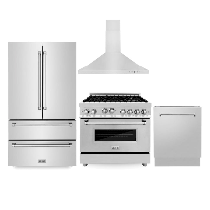 ZLINE KITCHEN AND BATH 4KPRRGRH36DWV ZLINE Kitchen Package with Refrigeration, 36" Stainless Steel Gas Range, 36" Convertible Vent Range Hood and 24" Tall Tub Dishwasher