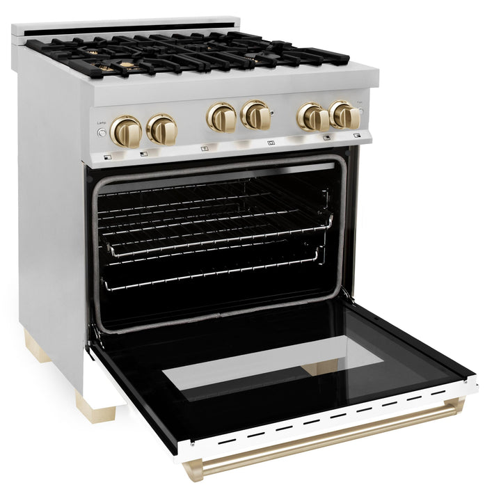 ZLINE KITCHEN AND BATH RGZWM30CB ZLINE Autograph Edition 30" 4.0 cu. ft. Range with Gas Stove and Gas Oven in Stainless Steel with White Matte Door and Accents Color: Champagne Bronze