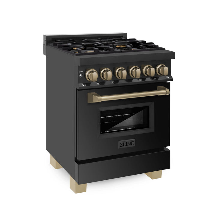 ZLINE KITCHEN AND BATH RABZ24G ZLINE Autograph Edition 24" 2.8 cu. ft. Dual Fuel Range with Gas Stove and Electric Oven in Black Stainless Steel with Champagne Bronze Accents Color: Gold