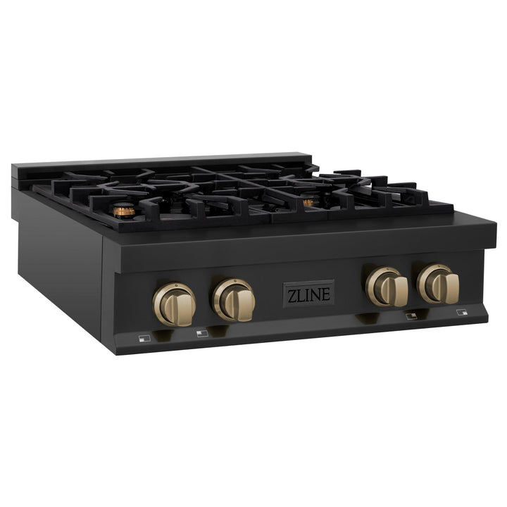 ZLINE KITCHEN AND BATH RTBZ30G ZLINE Autograph Edition 30" Porcelain Rangetop with 4 Gas Burners in Black Stainless Steel and Accents Accent: Gold