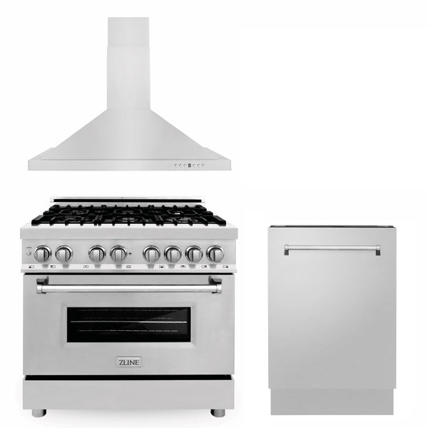 ZLINE KITCHEN AND BATH 3KPRARH36DWV ZLINE 36" Kitchen Package with Stainless Steel Dual Fuel Range, Convertible Vent Range Hood and Tall Tub Dishwasher